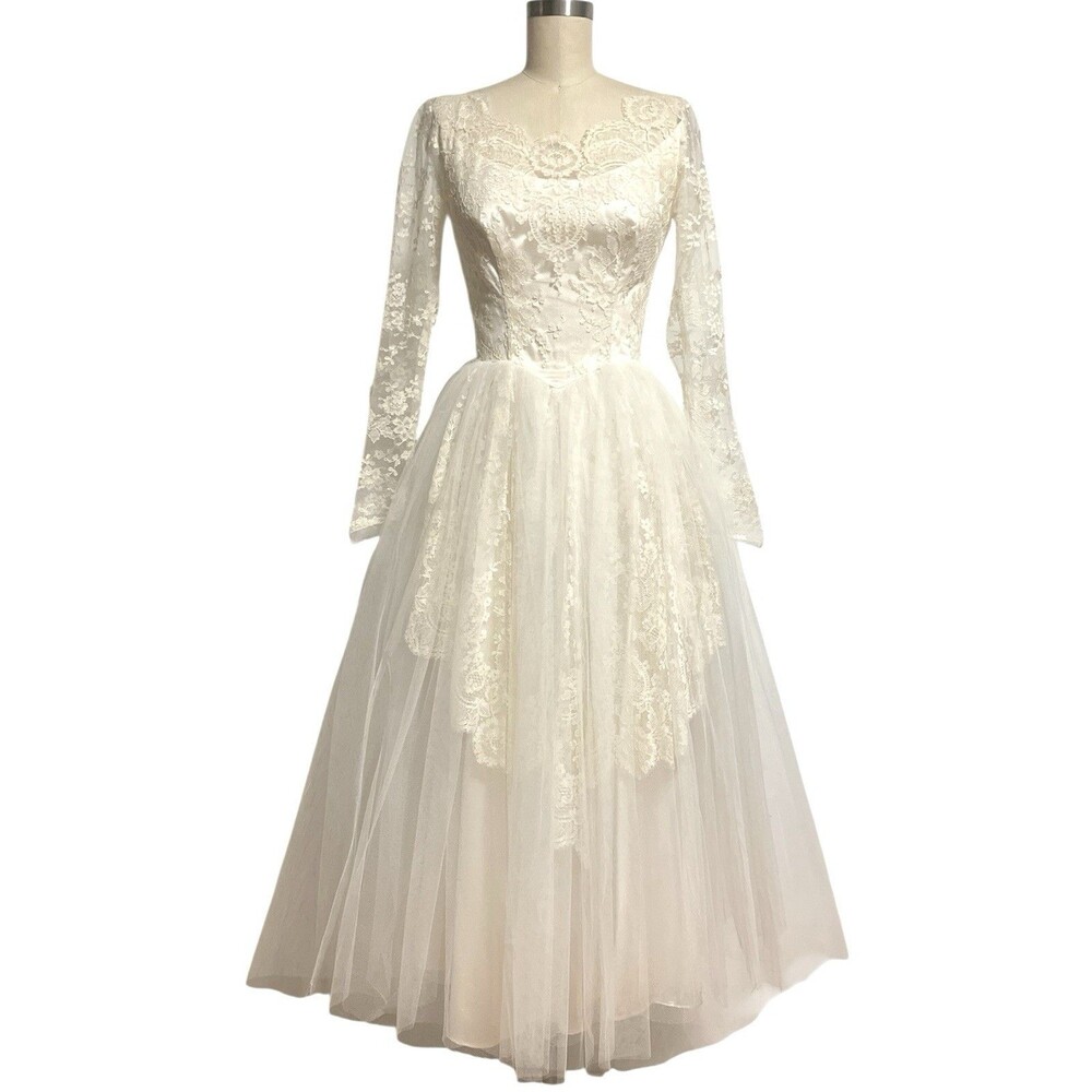 VTG 1950s 60s Lace Tea Length Wedding Dress XS Audrey Hepburn Modest MCM Bride